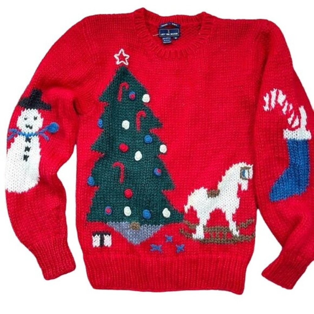 Vintage Lady Van Heusen Christmas Sweater Hand Knit Red Holiday Party Small